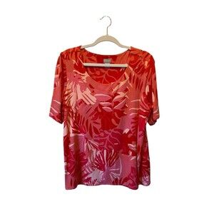 Chico’s Coral and Pink lined Top Size 2 (US L 12) Palm Leaves Tropical